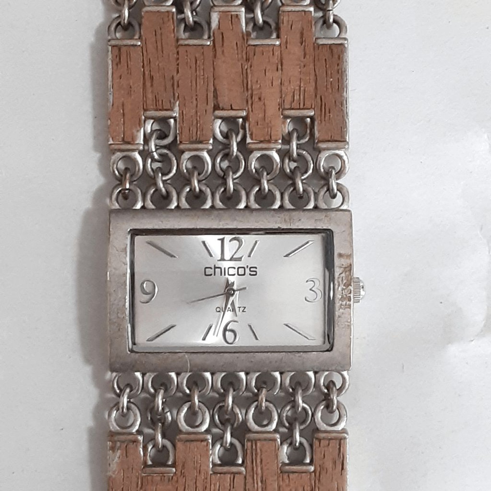 Chicos Wood Grain Silver Tone Metal Chain Bracelet Watch