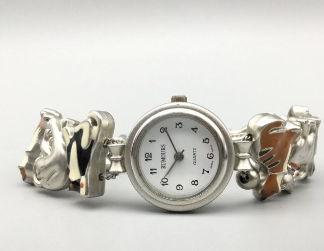 Rumours Watch Women Silver Tone Round Dial Cat Sliding Charm Band 7 Vintage