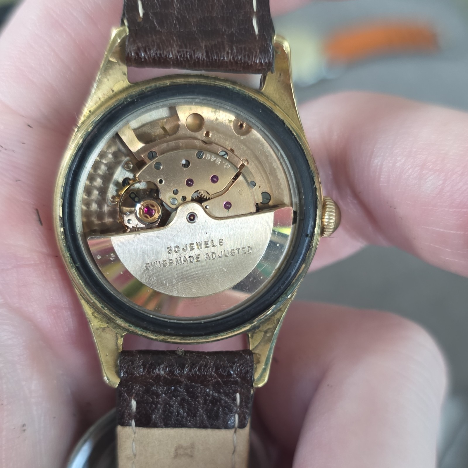 Buren Rotowind Automatic 30J Swiss Gold Plated Silver Dial Brown Leather 35mm