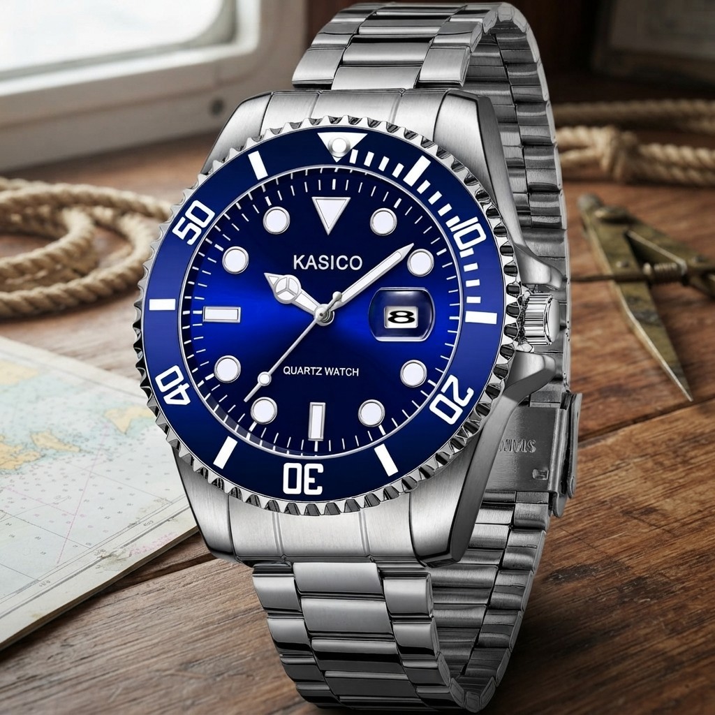 Luxury Men’s Analog Quartz Watch with Scratch-Resistant Glass – Blue & Silver