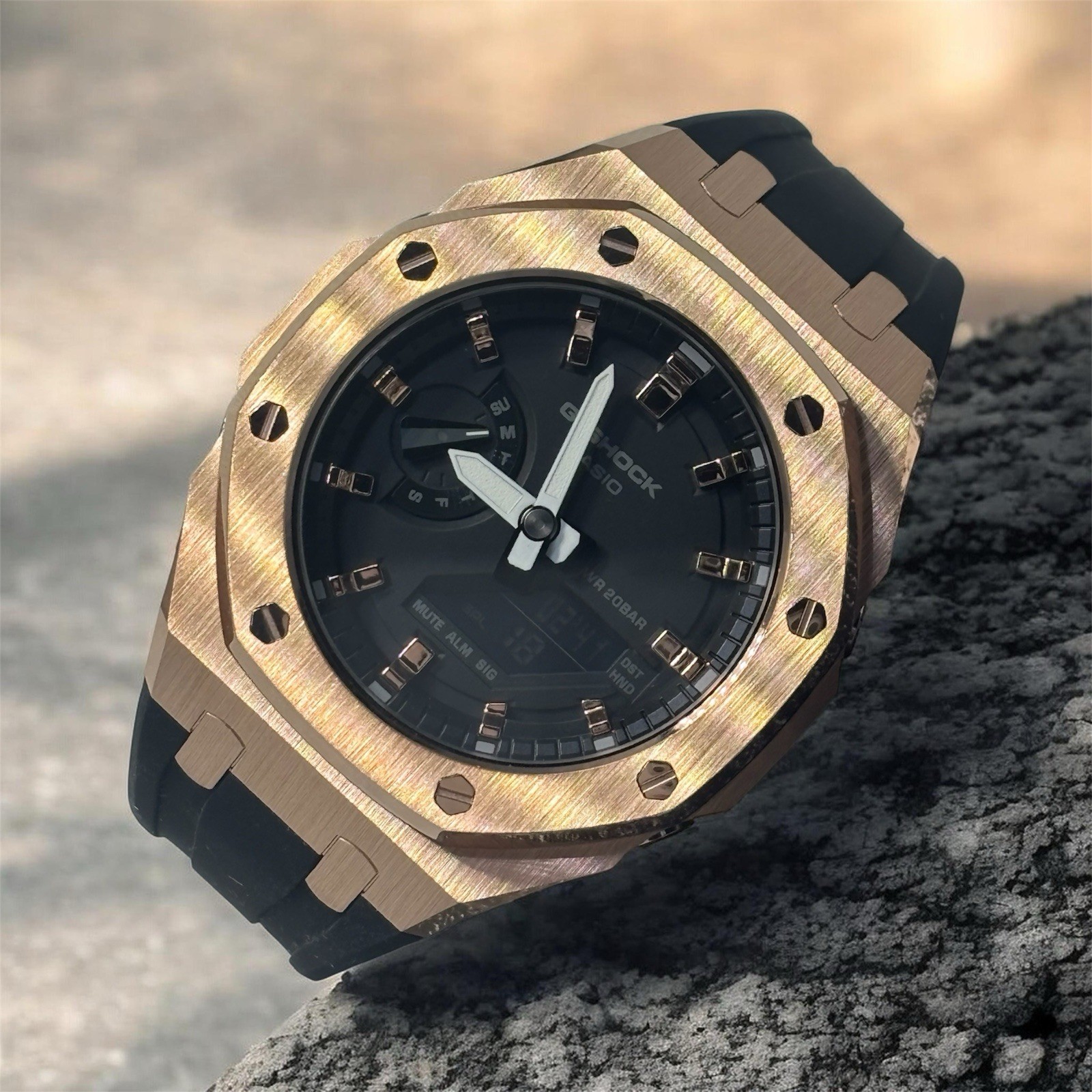 Custom GShock GA2100 Casioak rubber strap Bracelet Gift – rose gold & black