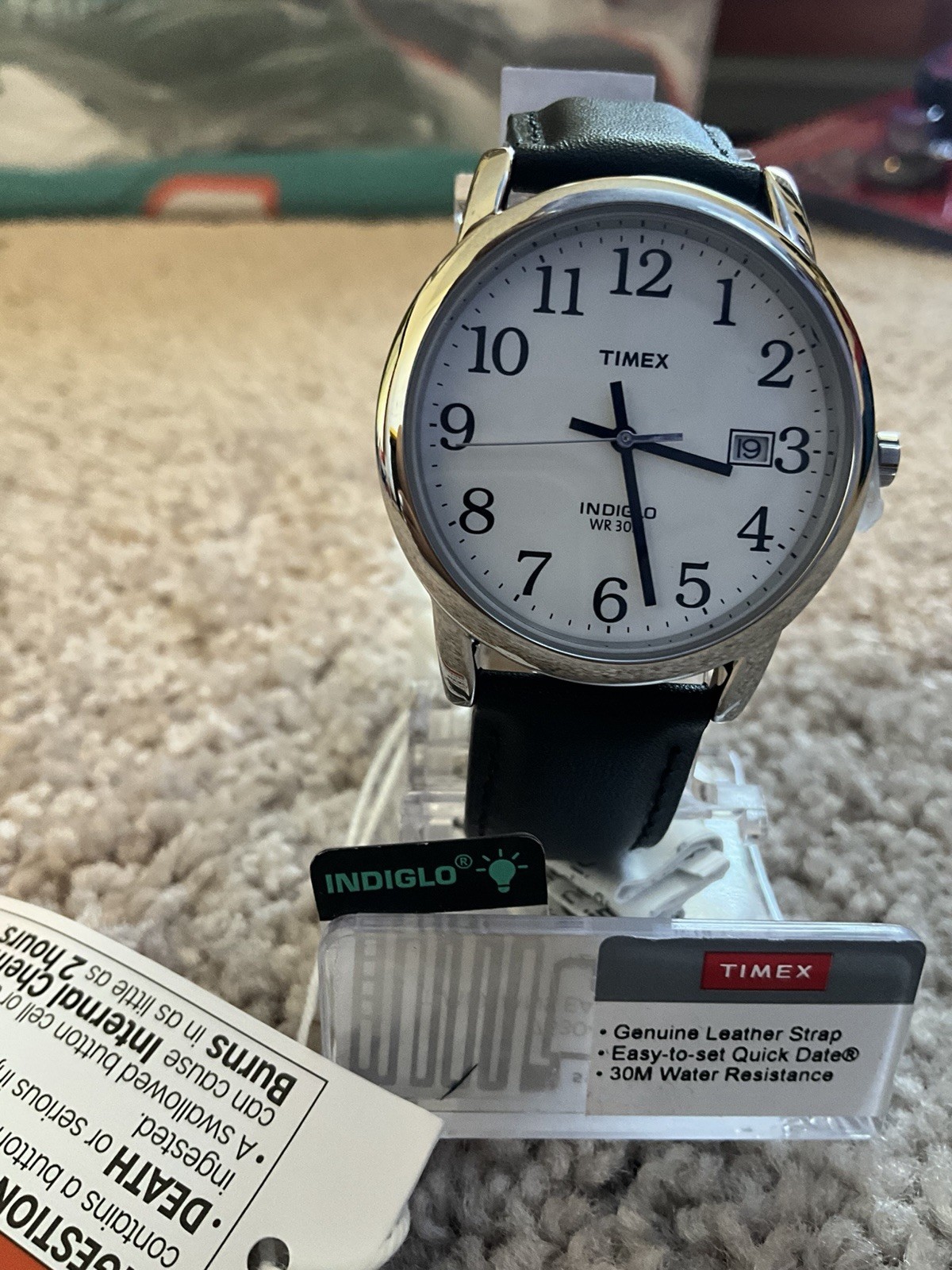 Timex Easy Reader Indiglo Quartz Date 30m White Dial Black Leather Watch