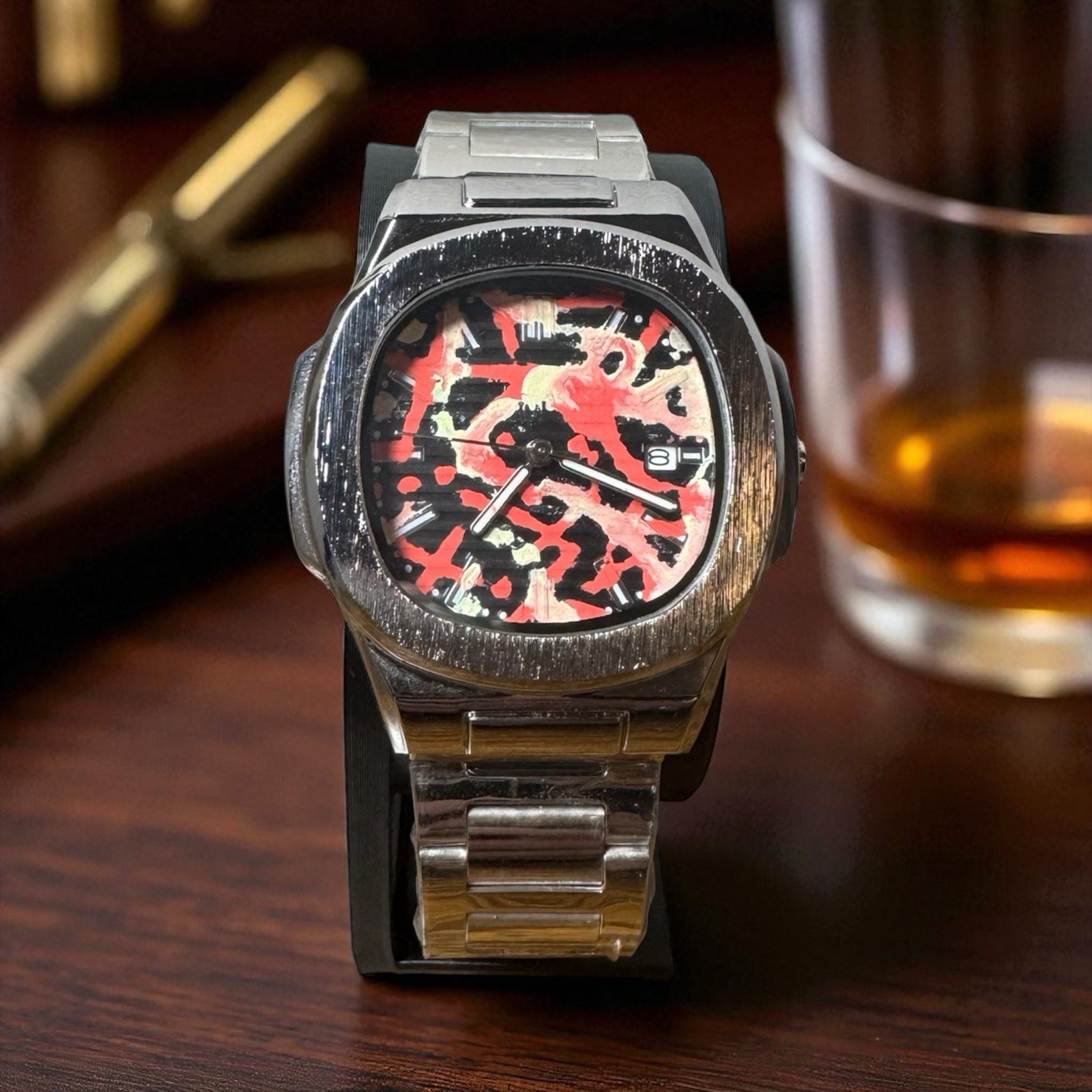 Custom Metal Mod Hand Painted Dial Abstract Red/Glow Yellow Watch