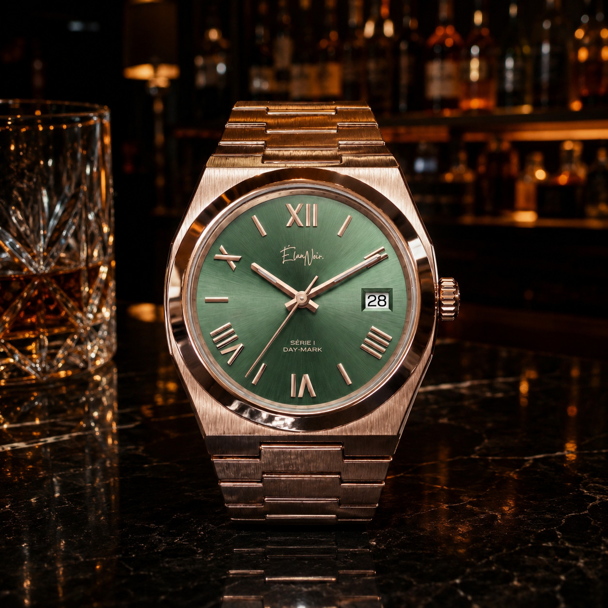 Custom Élan Noir Série I Rose/Green 36mm Auto NH35 Sapphire Crystal Steel Watch