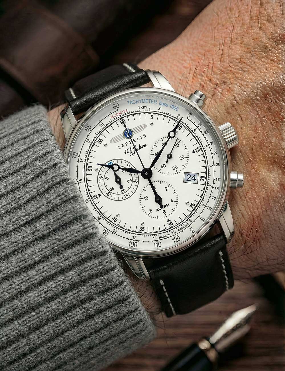 Zeppelin 8680-3 Alarm Chronograph 100 Years Mens Watch 43mm 5ATM