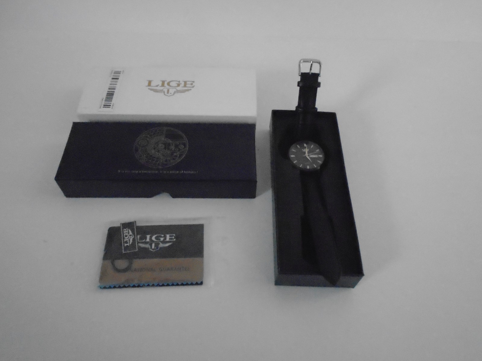 Lige All Black Leather Band Watch # 1853 New In Box