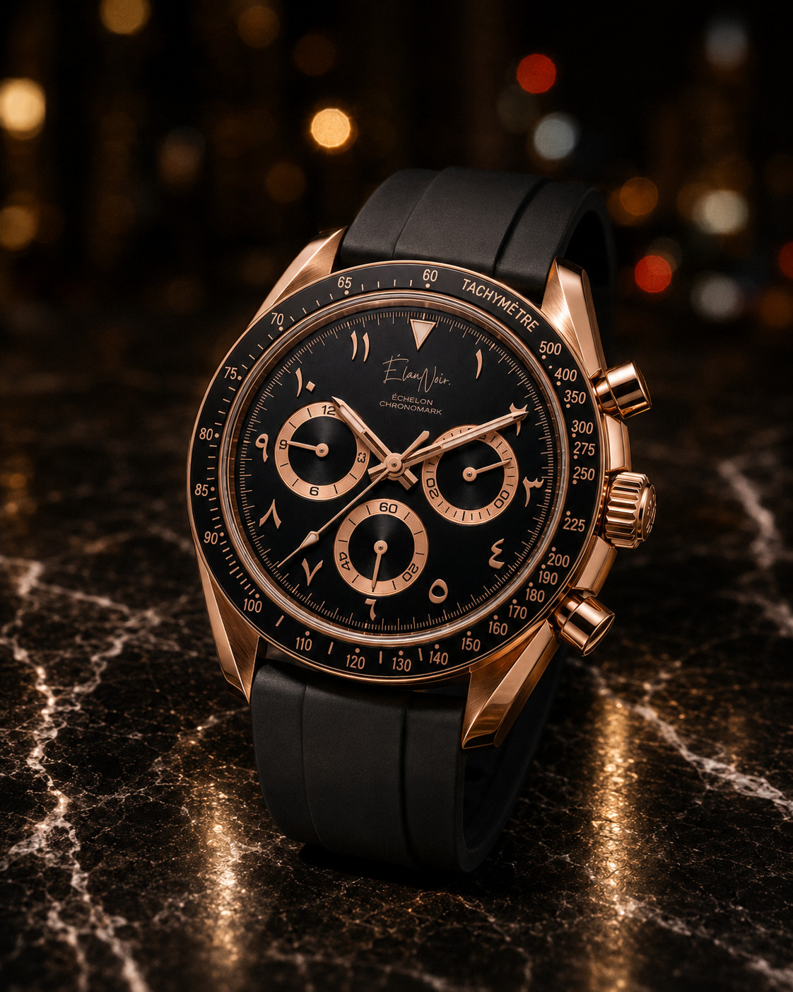 ÉlanNoir Chronograph Watch VK63 Black Dial Rose Case Sapphire Crystal Steel 40mm