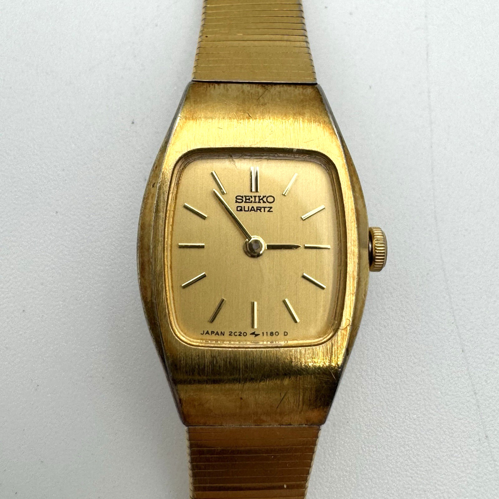Vintage Seiko Quart Ladies Watch 2C20 5559 Gold Tone Bracelet Tonneau Dress 5.5″