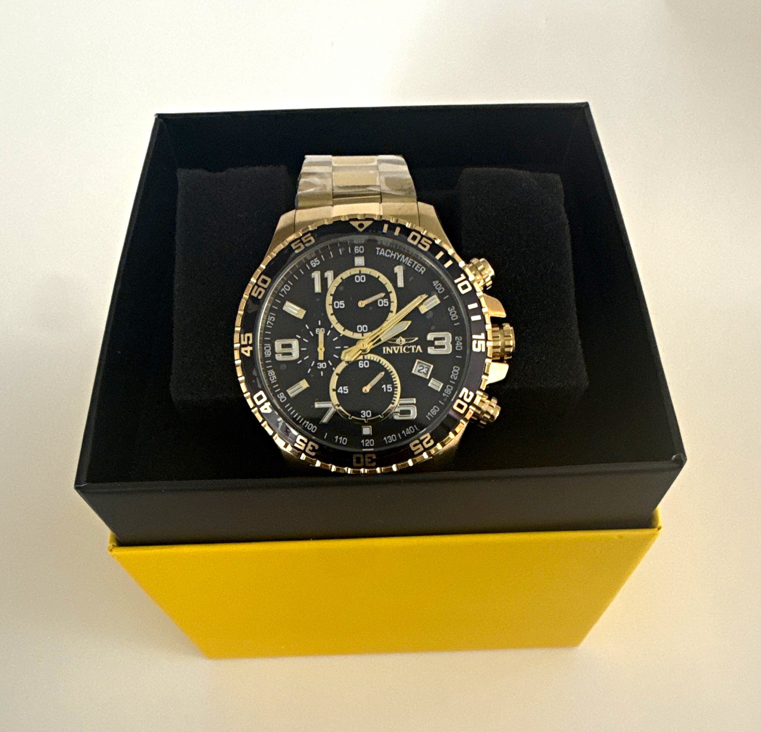 Invicta Men’s Gold Tone SS Black Dial Chronograph Quartz 100m Watch w/ Box