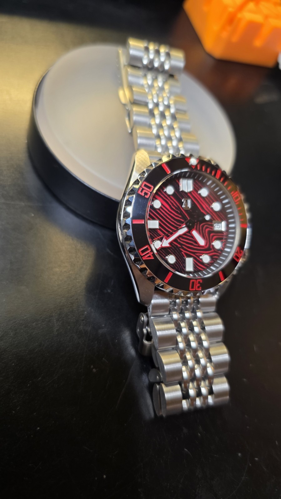 Custom Built A. Jon Watch NH35 Automatic Watch Red and black dial Polished case