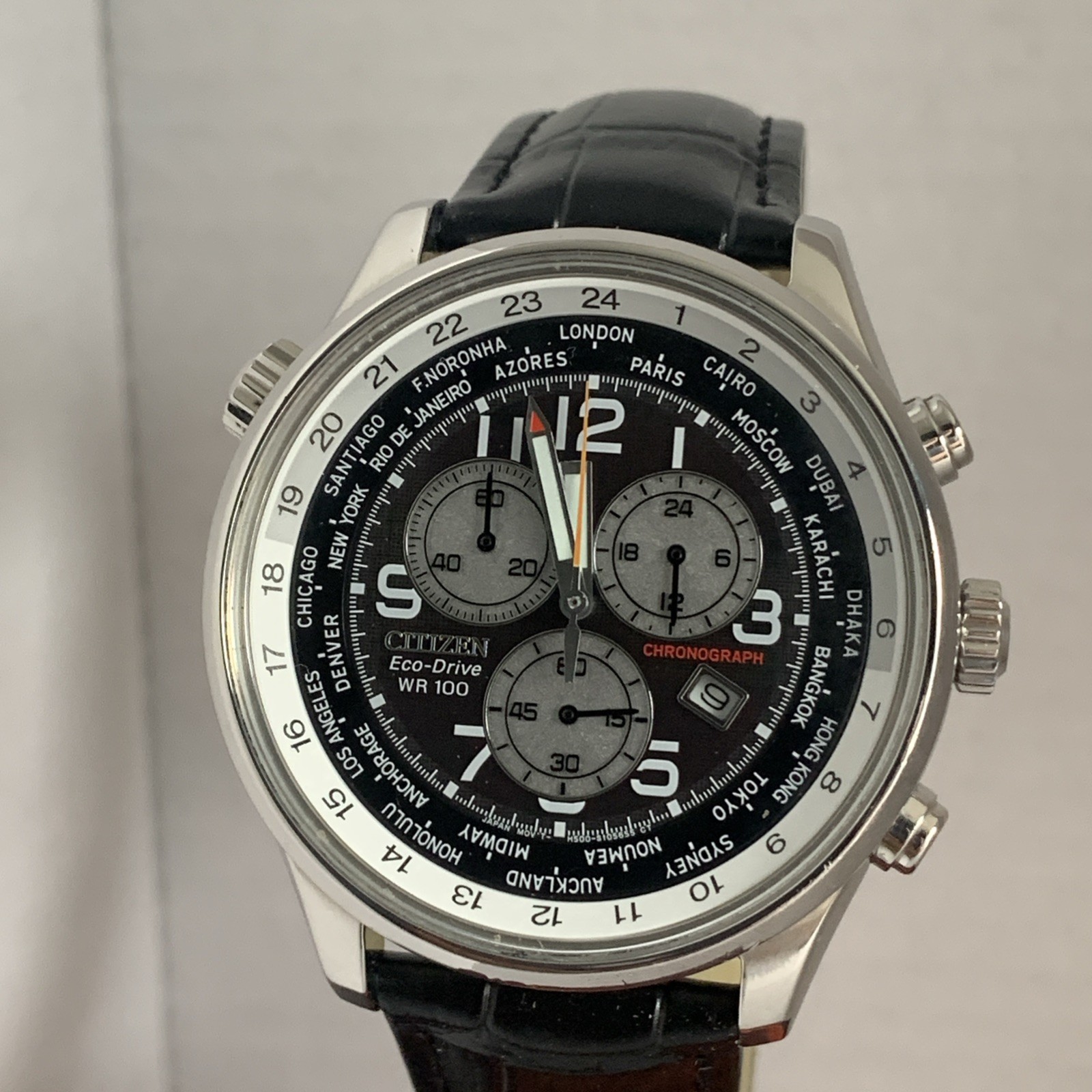 Citizen Men’s Eco Drive World Time Chronograph B.Leather Strap Watch AT0361-06E