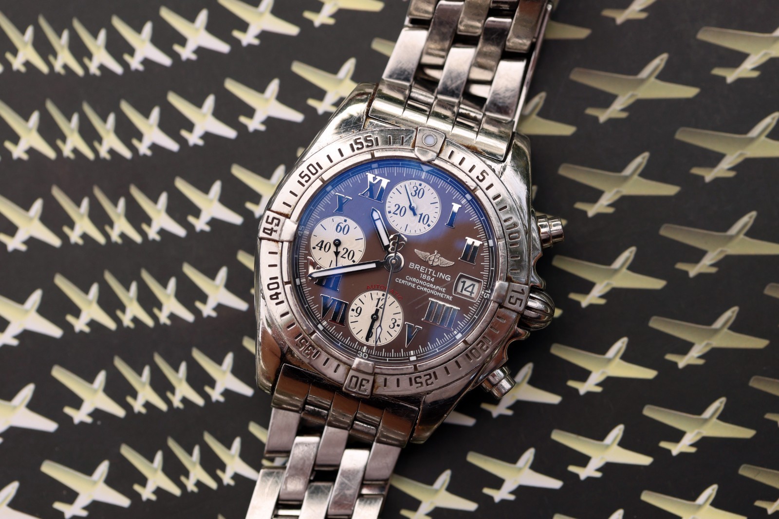 Breitling Chrono Cockpit 39mm A13358 Brown Roman Dial Steel On bracelet