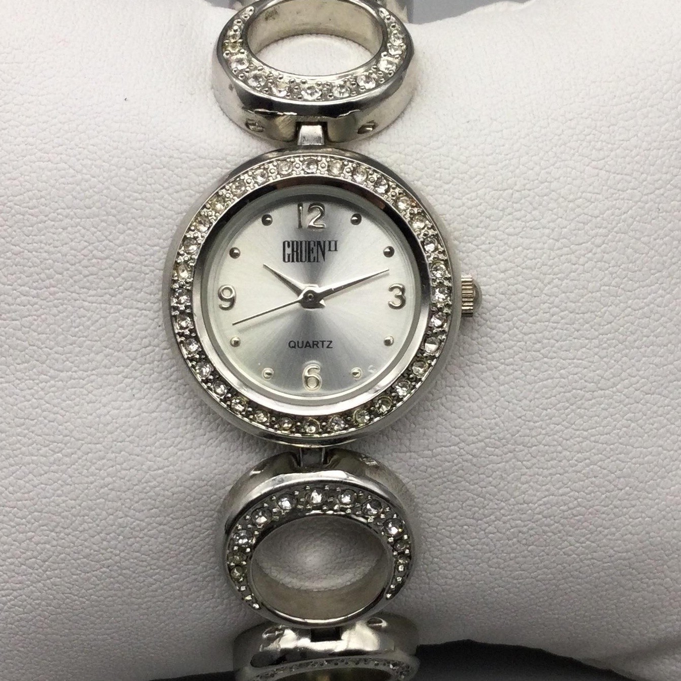 Gruen II Womens Watch 24mm Silver Dial Crystal Bezel GRF1501 Circle Link 6.75″