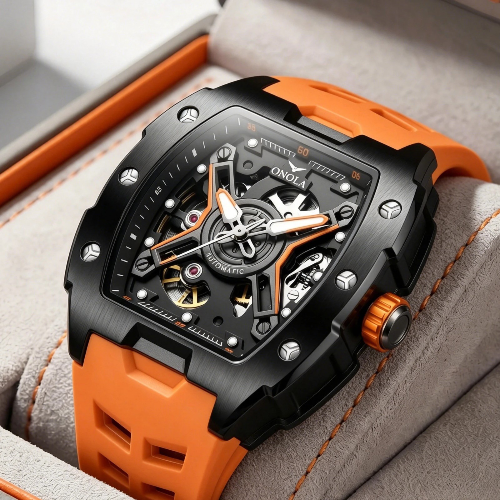 ONOLA Automatic Mechanical Mens Watch With A Silicone Strap And Water Resistance