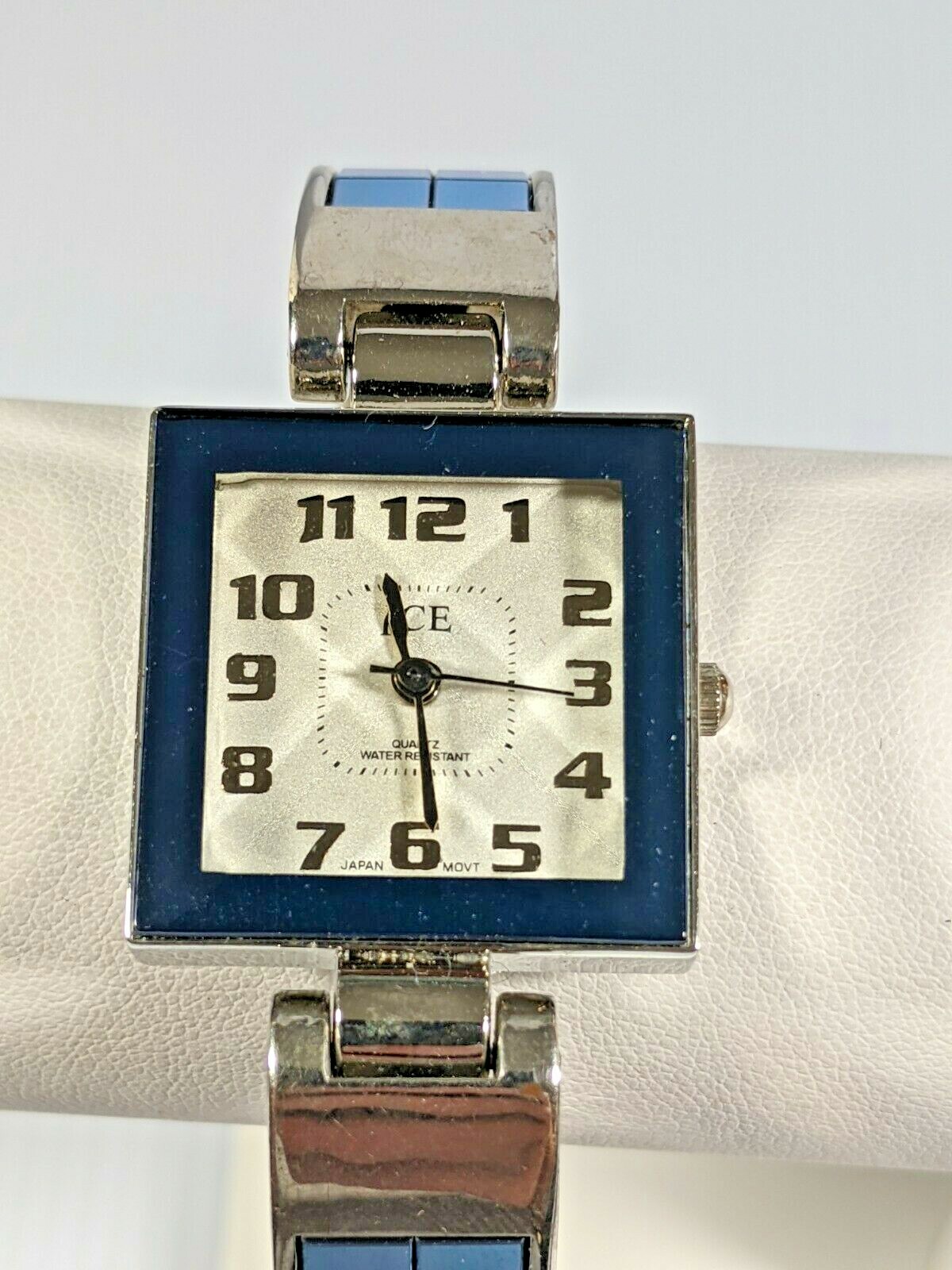ICE Silver Tone Blue Metallic Square Inlay Bracelet Hinge Watch 6.5 inches WR