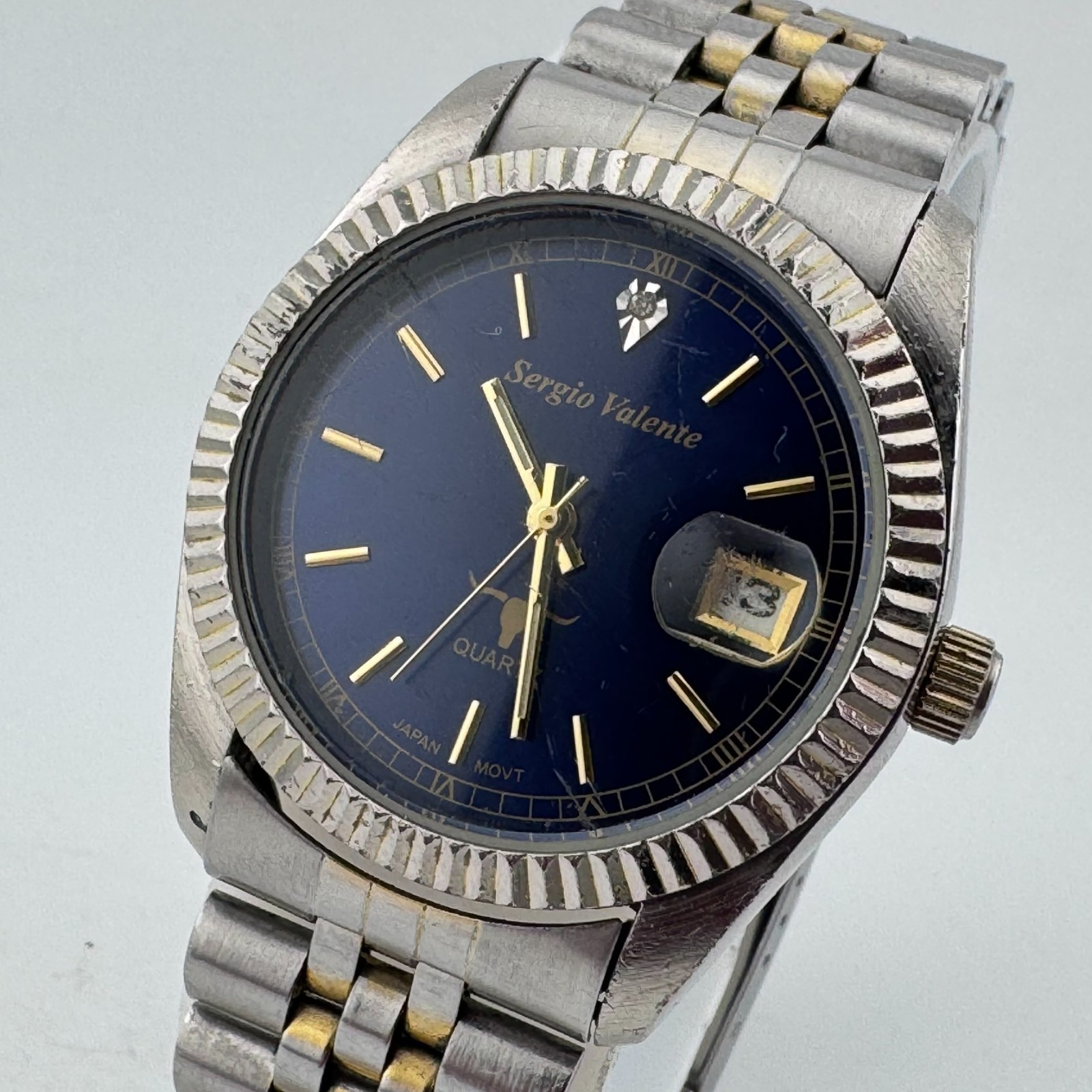 VTG Sergio Valente Quartz Watch Men Dual Tone Blue Fluted Bezel New Battery 8″