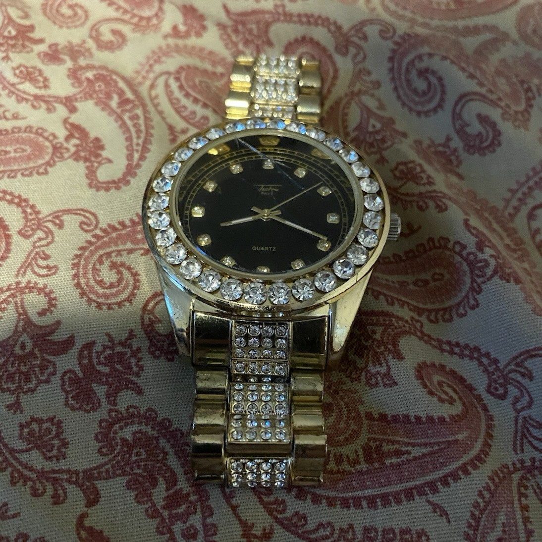 Techno Pave Men’s Quartz Watch Black Dial Diamond Bezel Gold Bracelet 38mm