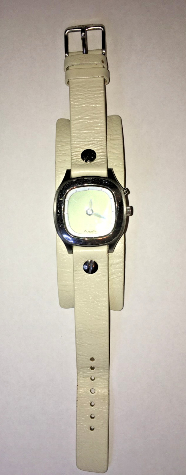 Fossil Big Tic Womens Watch 32mm Silver Tone White Leather New Battery