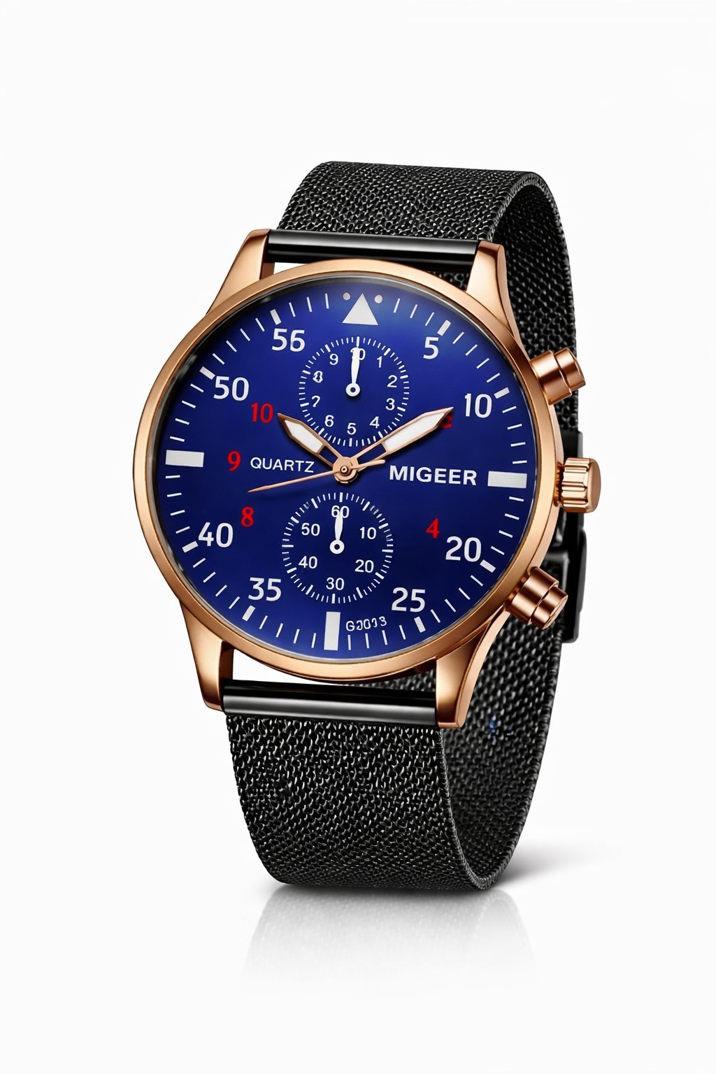 MIGEER Blue Dial Chronograph Watch with Rose Gold Case & Mesh Band