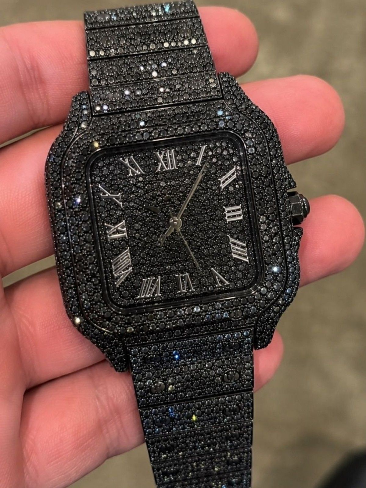 Iced Out VVS Simulated Black Diamond Stainless Steel Watch Pave Set Fully Iced
