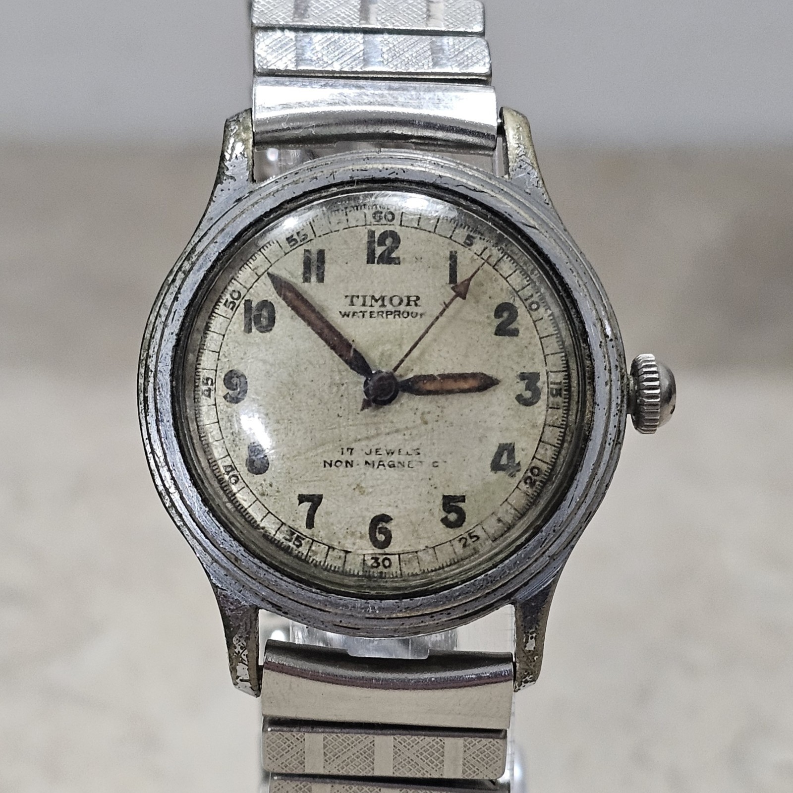 Vintage WWII Era Timor Mens Watch Military Dial 30mm Antique Mechanical *RUNS