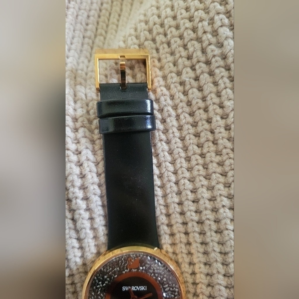 Swarovski Crystalline Black Leather Watch Rose Gold Tone