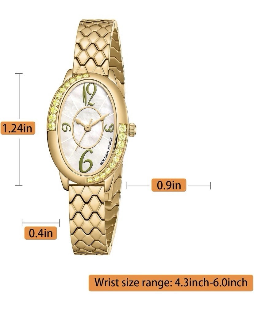 GOLDEN MAPLE Oval Gold Tone Watch Mother of Pearl Dial Crystal Bracelet 28mm