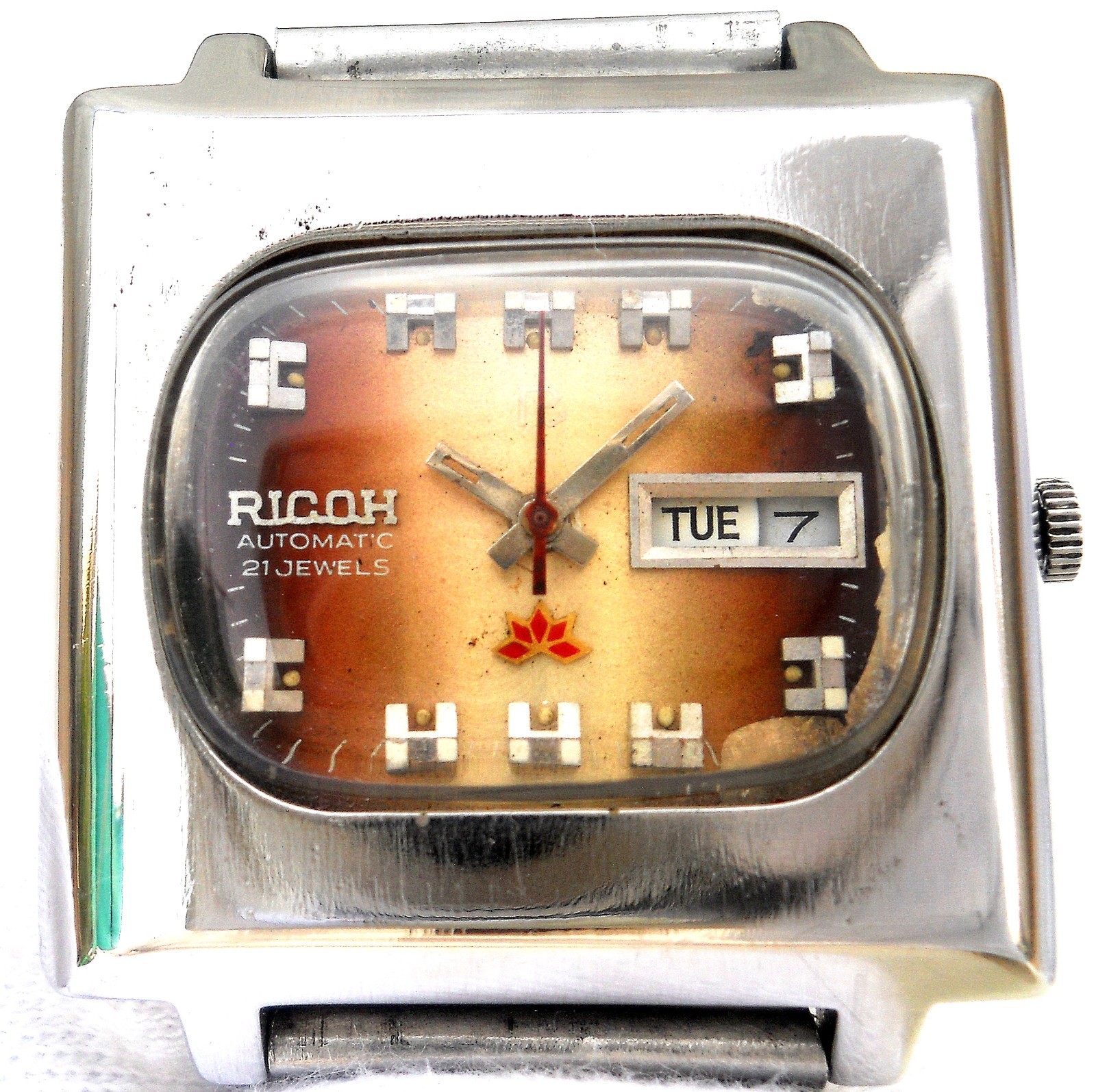 Vintage Ricoh Automatic 21 Jewels TV Dial Watch 1970s Sunburst Brown Japan Rare