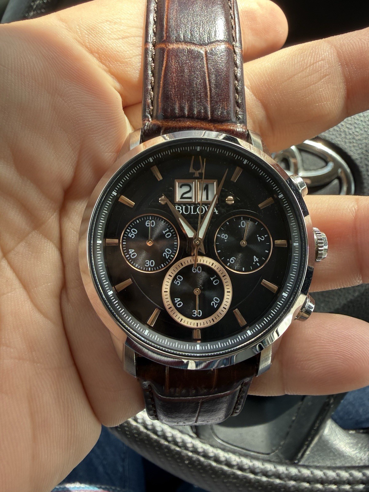 Bulova Sutton Black Dial Brown Band Chronograph Men’s Watch 96B311