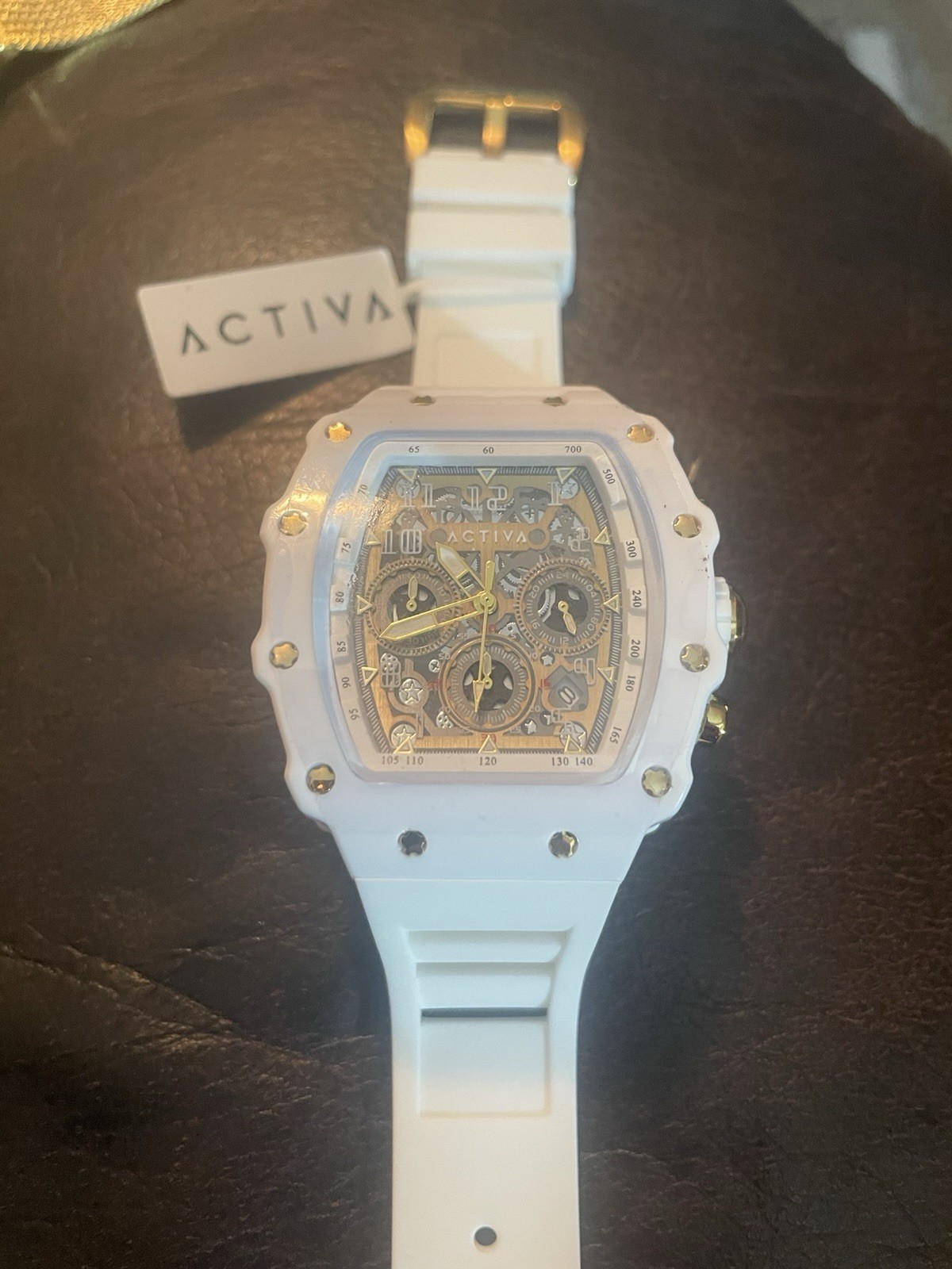 Activa Chronograph White Silicone Strap Skeleton Dial Date Watch 43mm – New
