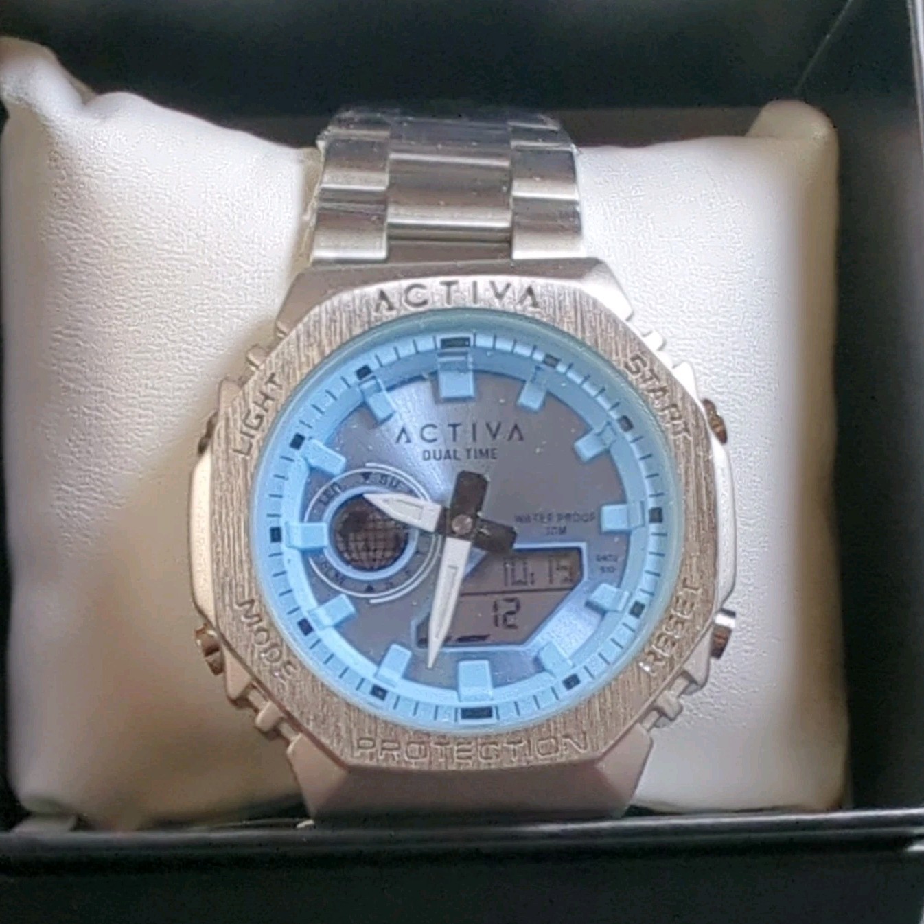 Activa Dual Time Quartz Sport Wristwatch Silver Blue Analog Digital Metal Band