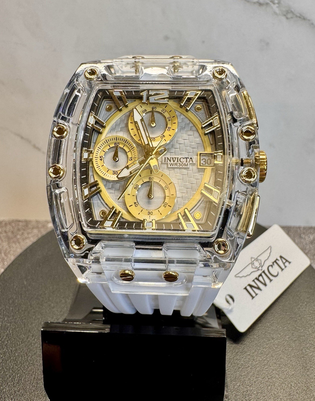 Invicta S1 Rally Allogrip 70147 42mm Clear/Gold Case White Strap Chronograph NIB