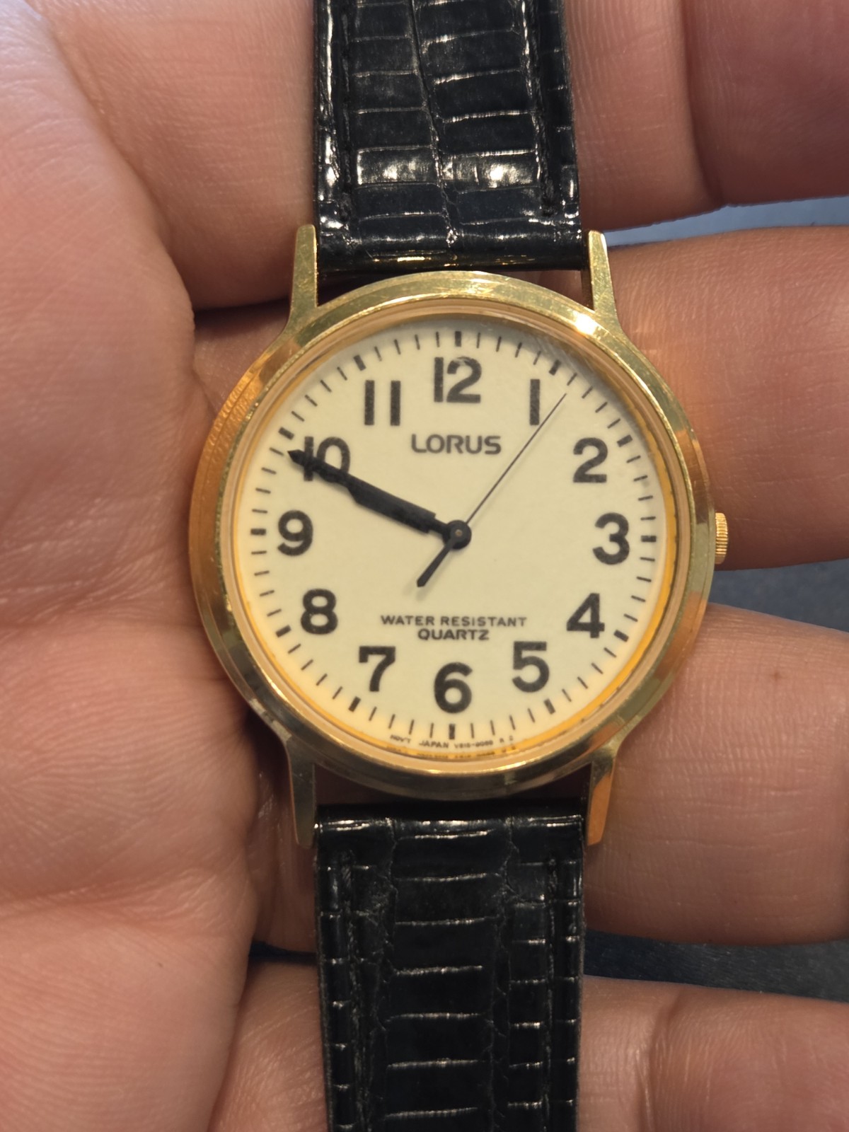 Lorus Watch Men Gold Stainless Steel Black Leather New Battery Quartz VGUC C201