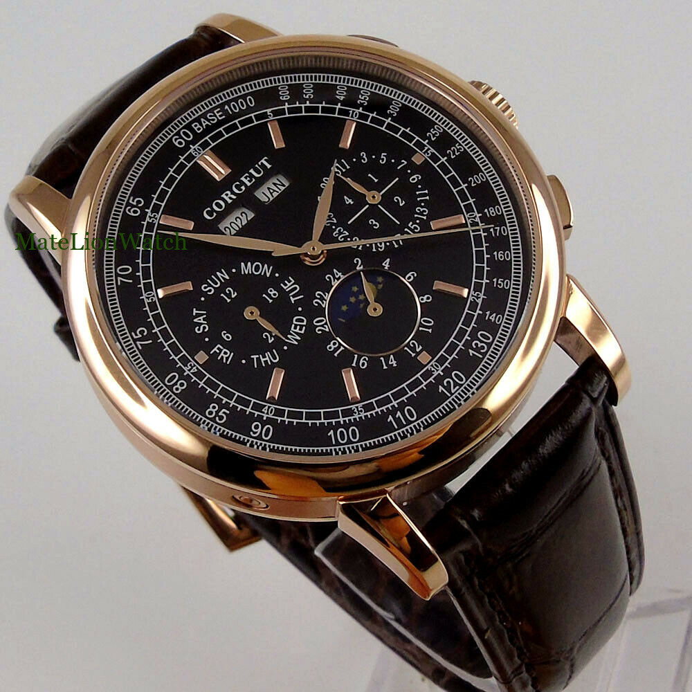 42mm Sterile Automatic Mens Watch Date Month Year Week Leather Strap White/Black