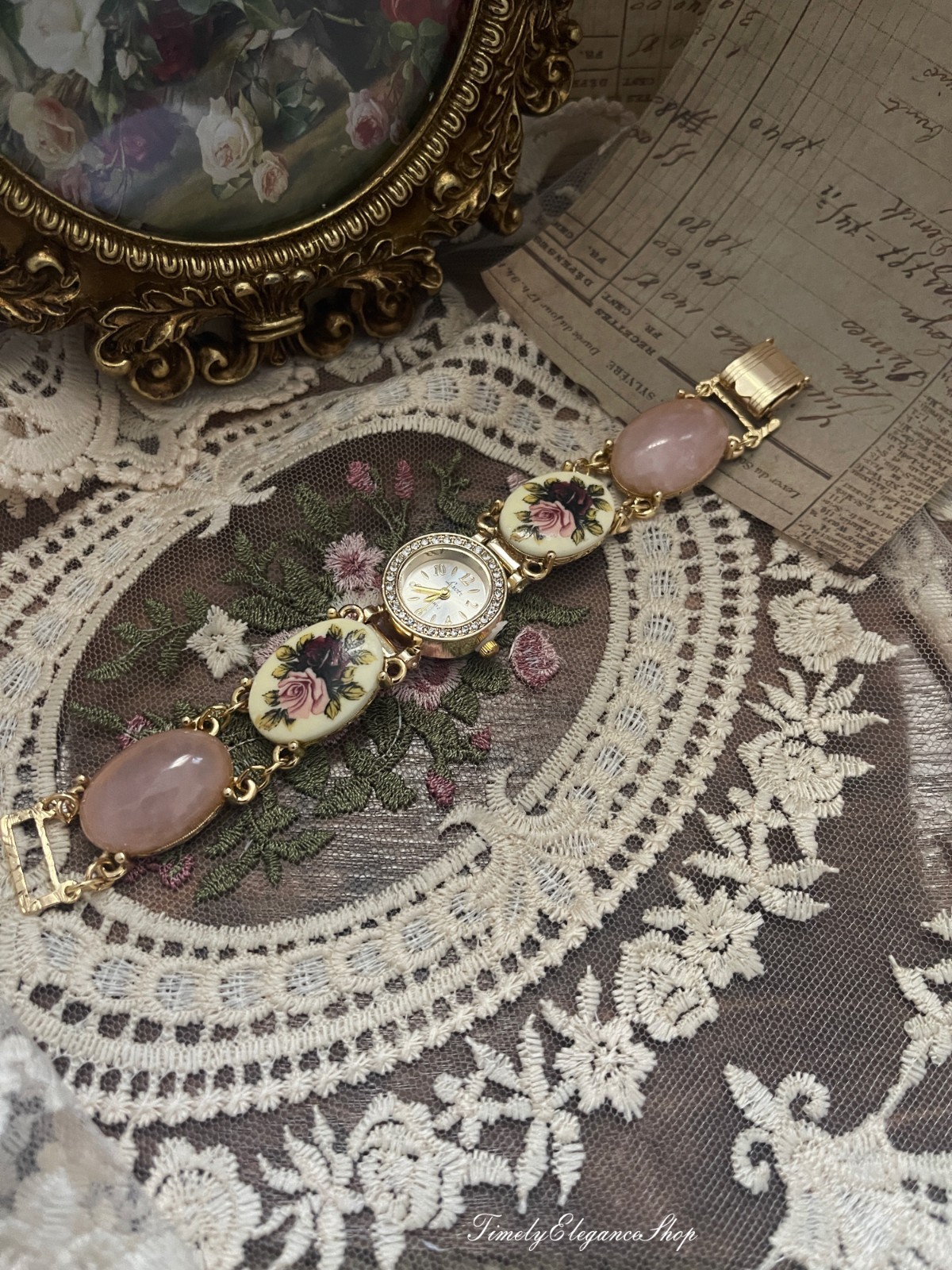 Vintage Rose Quartz Floral Bracelet Watch | Handmade Repurposed Gold Tone Unique