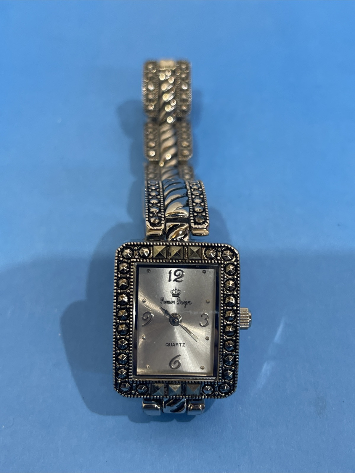 Premier Designs Watch Women Silver Tone Marcasite Bezel New Battery 7.5″