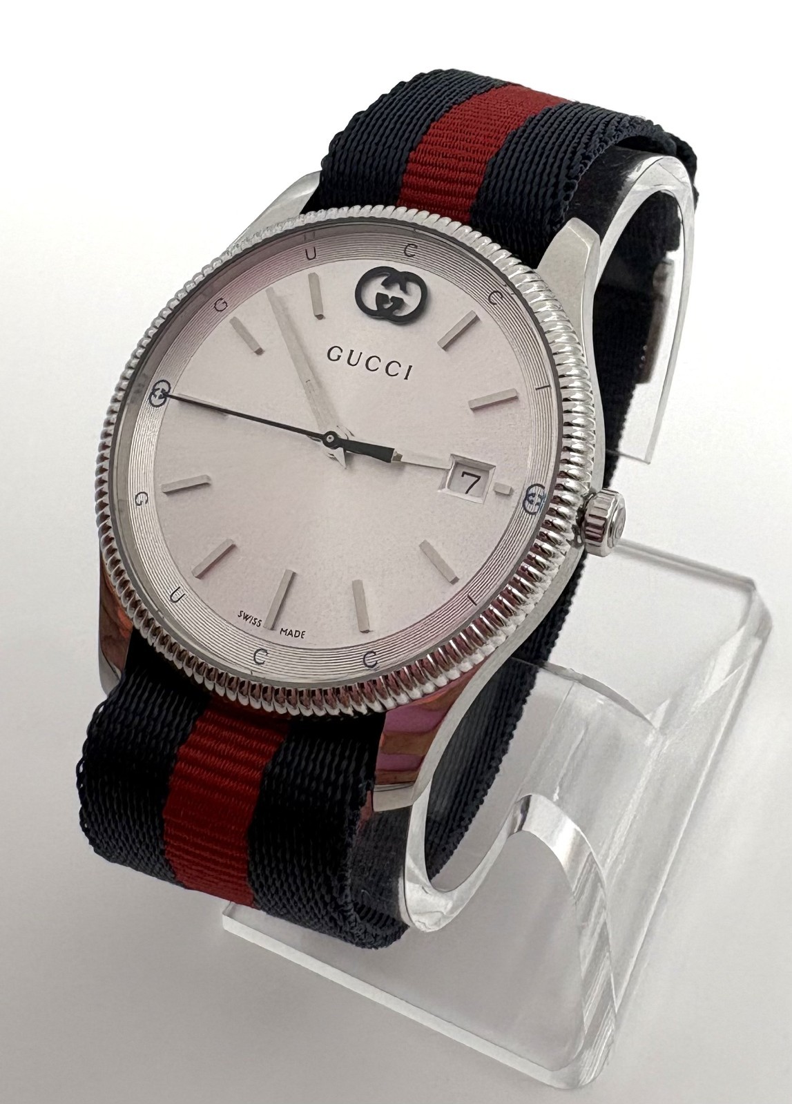 Gucci G-Timeless Silver Dial Blue/Red Nylon strap Quartz Unisex Watch YA1264237