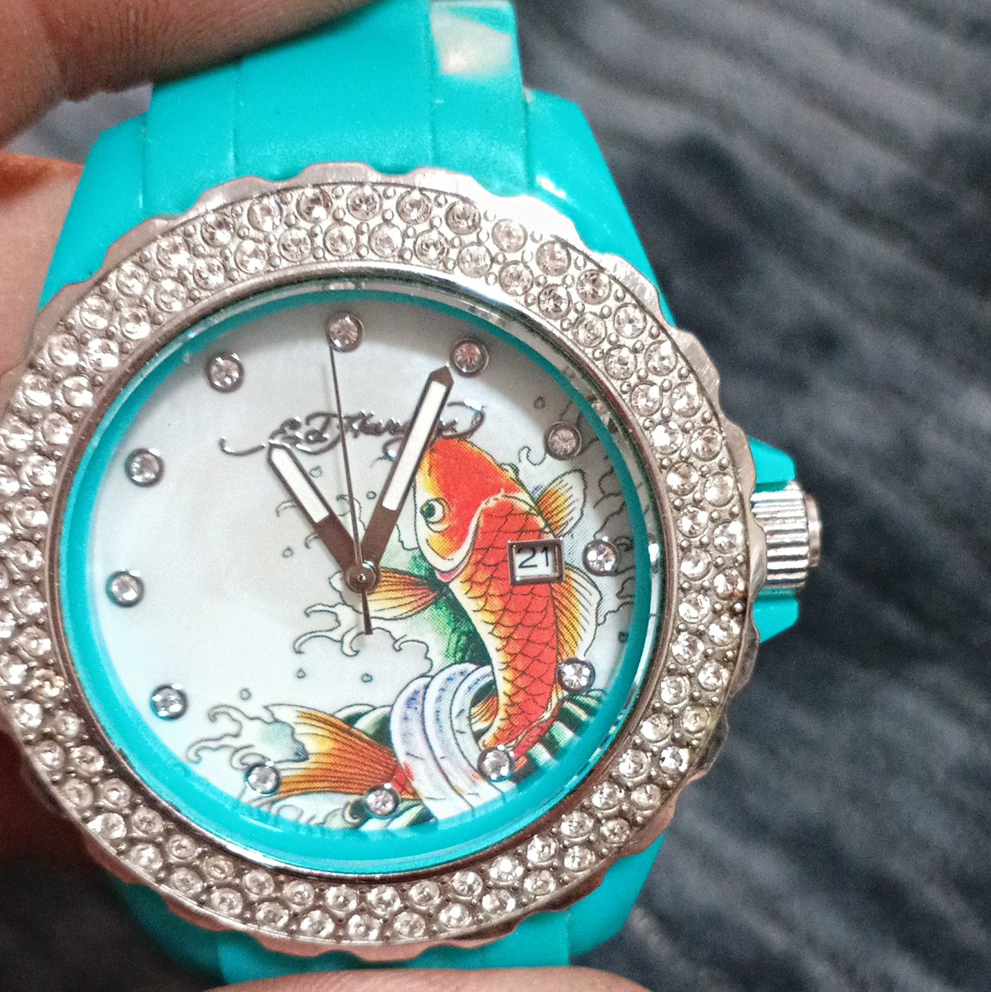 Ed Hardy Quartz Koi Fish Graphic Dial Date 3ATM Blue Rubber Strap Watch 40mm