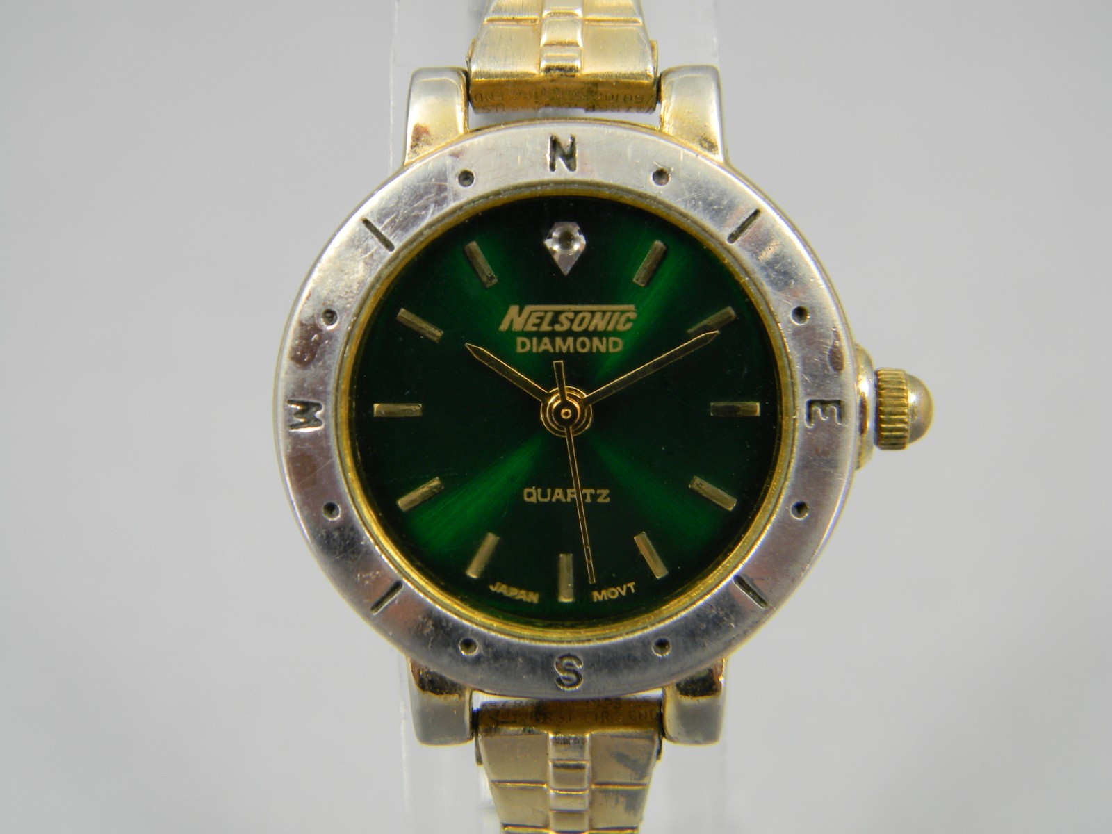 Nelsonic Diamond Watch Women 25mm Green Dial Stretch Band New Battery 6.75″