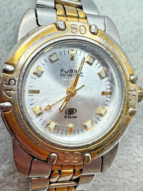 Vintage Ladies Fossil Blue AM-3095 Two Tone Quartz Watch New Battery