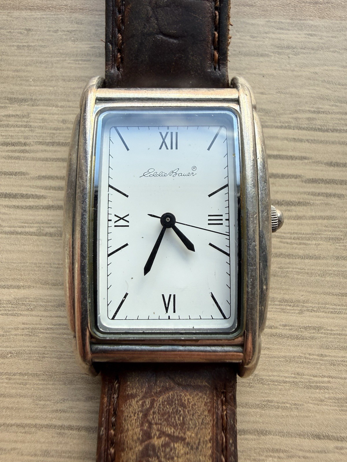 Eddie Bauer Antique Tank-style Curved Quartz Watch – White Dial – Leather Strap