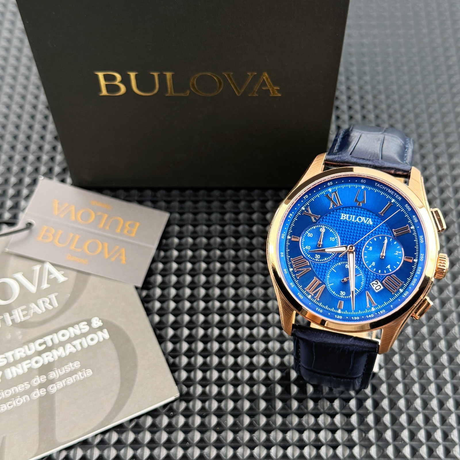 Bulova Wilton Classic Chronograph Blue Rose Gold Dial 97B170 Men’s Watch 46.5mm