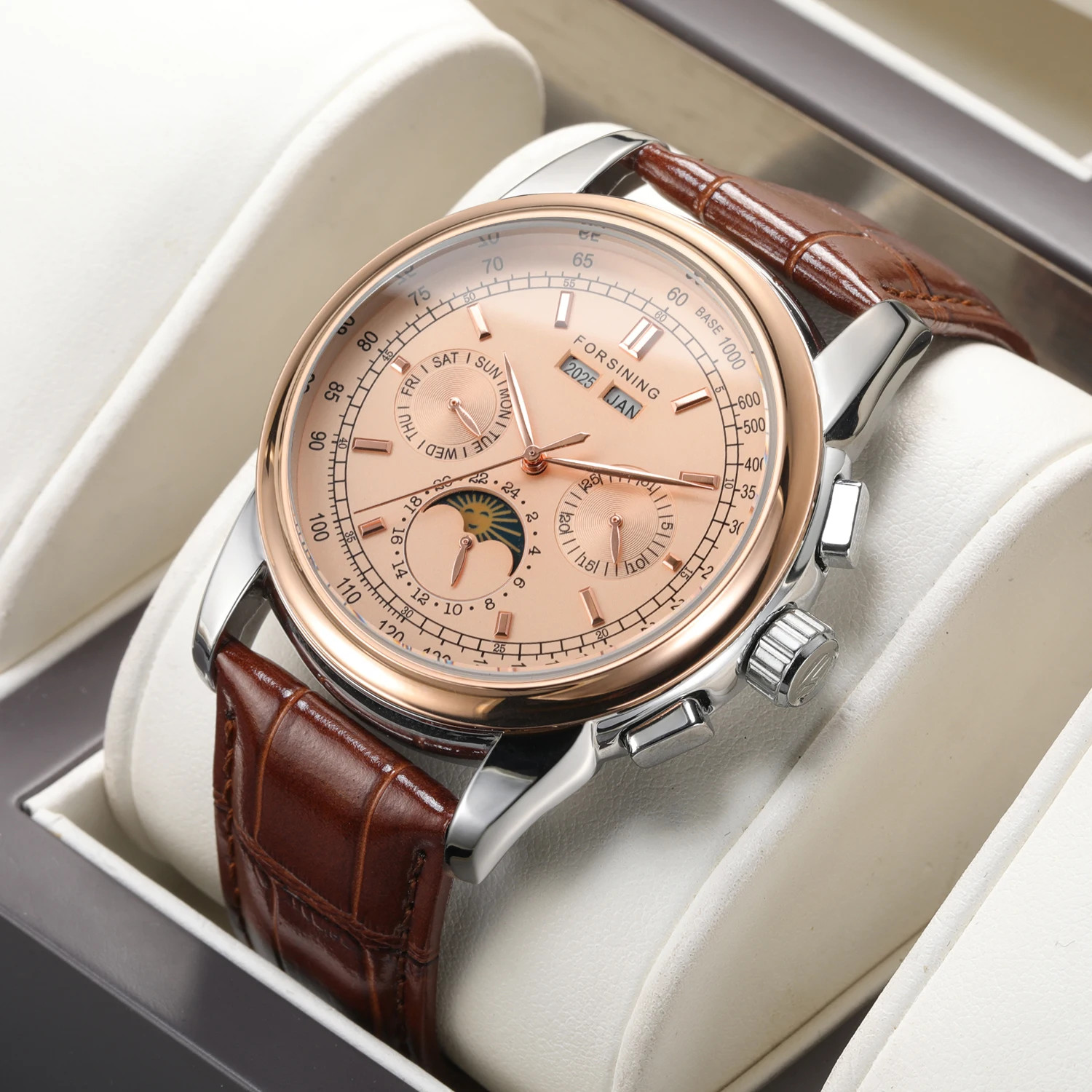 Forsining Automatic Mechanical Watch Lunar Phase Rose Gold Leather Strap