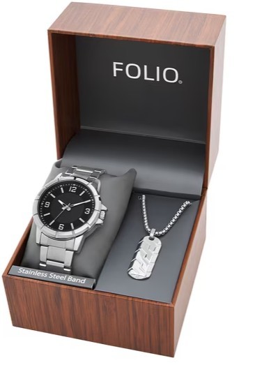 Folio Adult Men’s Stainless Steel Silver 45mm 2pc Wristwatch Watch Set New