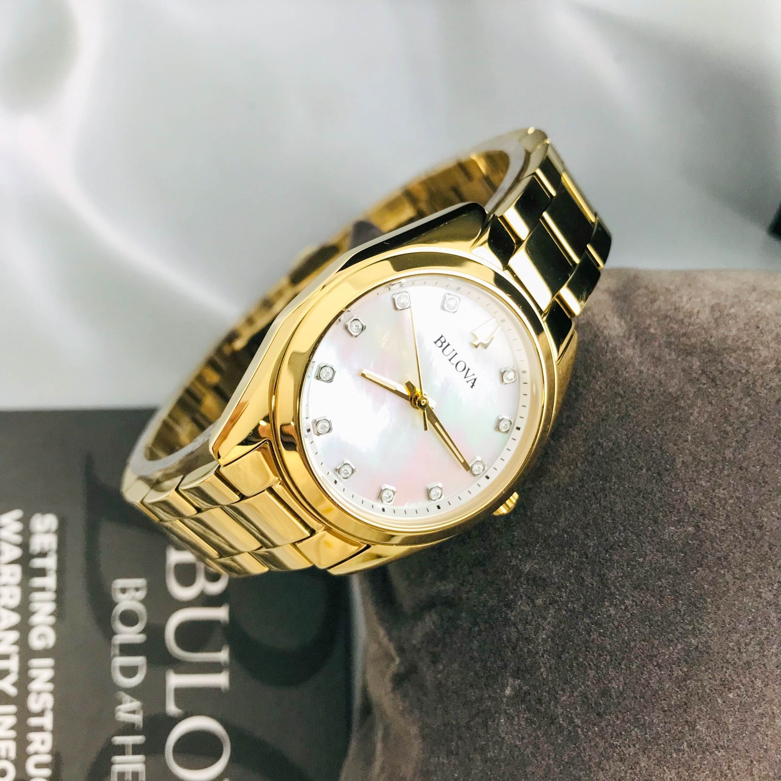 Bulova Women’s Surveyor 97P172 Mother-of-Pearl Diamond Dial Gold-Tone Watch 31mm