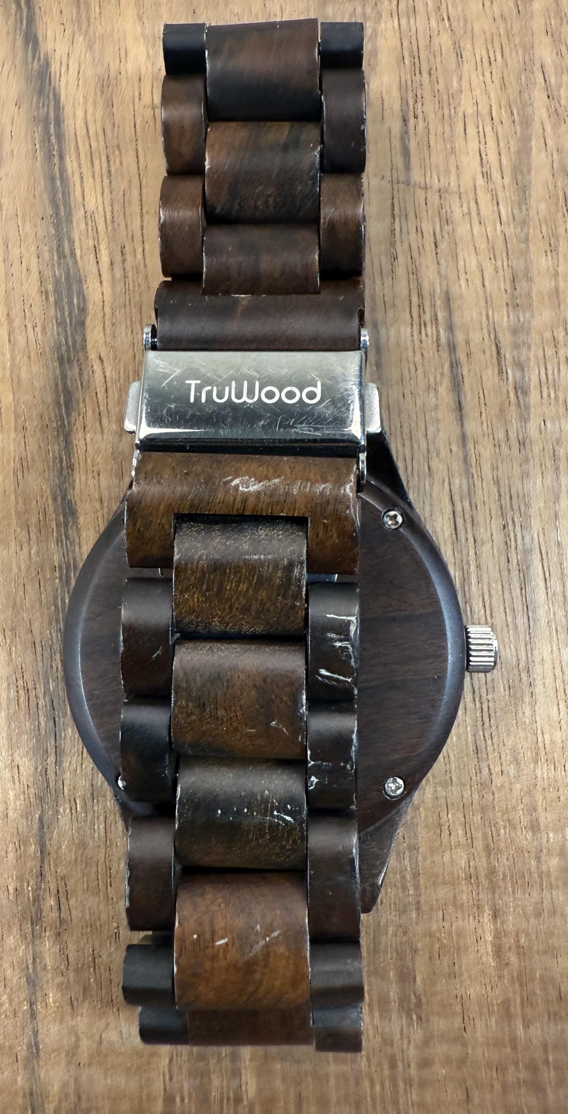 TruWood Watch Mens Brown Wood Bracelet Black Dial Blue Second Hand Analog