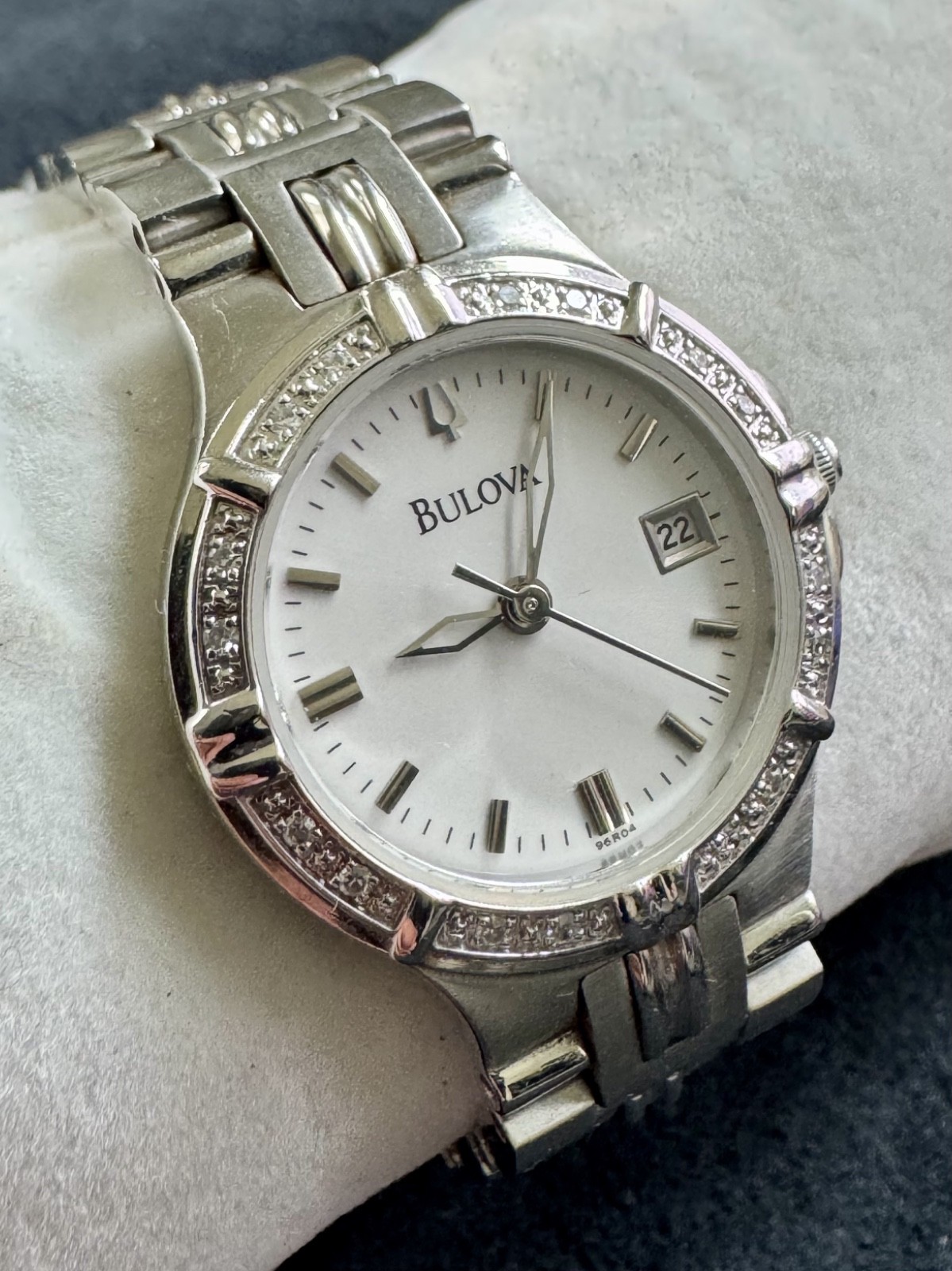 Bulova 96R04 Women’s Diamond Accent Stainless Steel Watch – White Dial 25mm