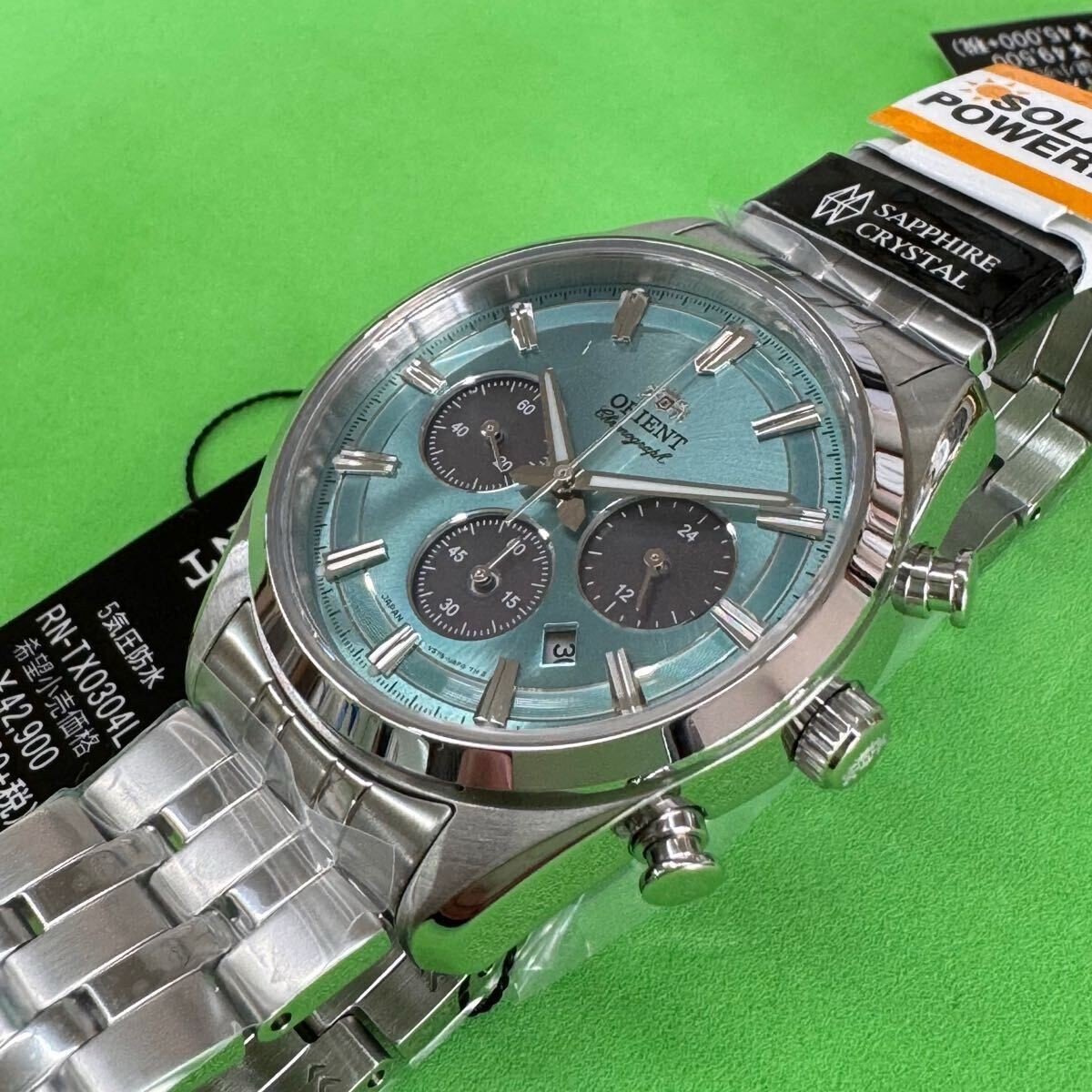 new ORIENT Contemporary RN TX0304L Chronograph Solar Quartz Light Blue Dial Men’