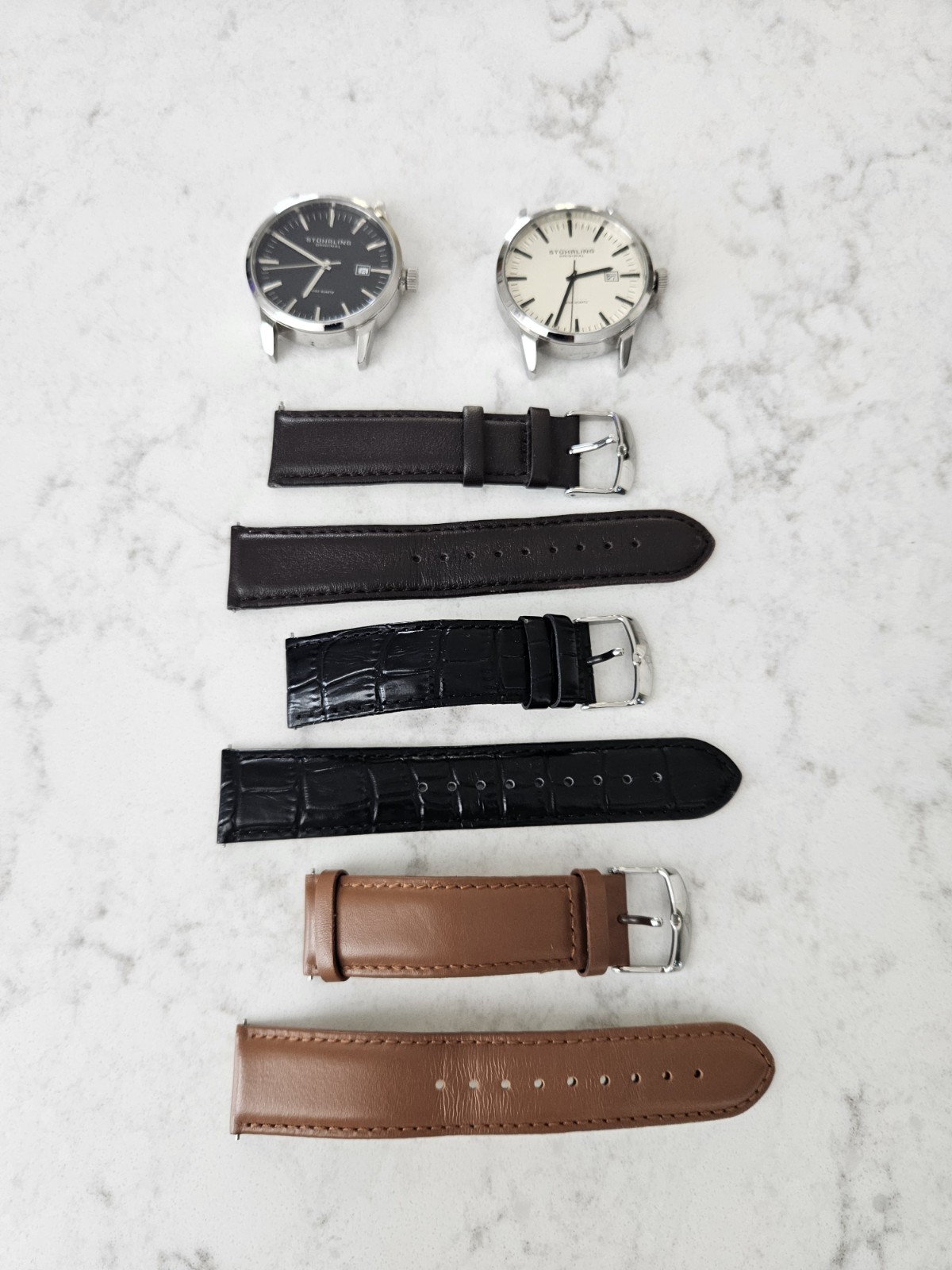 Stuhrling Original Swiss Quartz Watch Lot: 2 Heads 3 Leather Straps Set