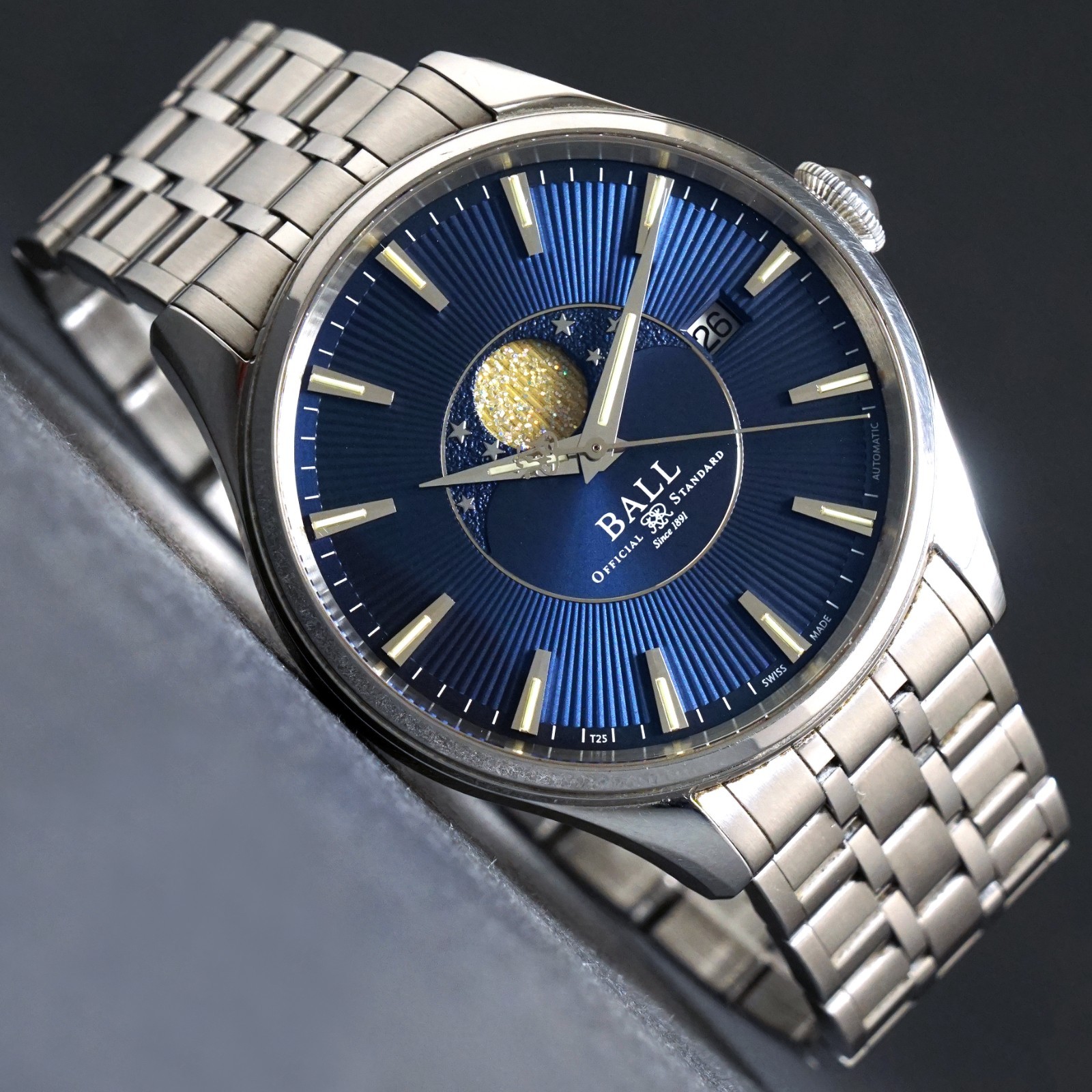 Ball Trainmaster Moon Phase Stainless Steel Blue Dial Watch, Box & Papers